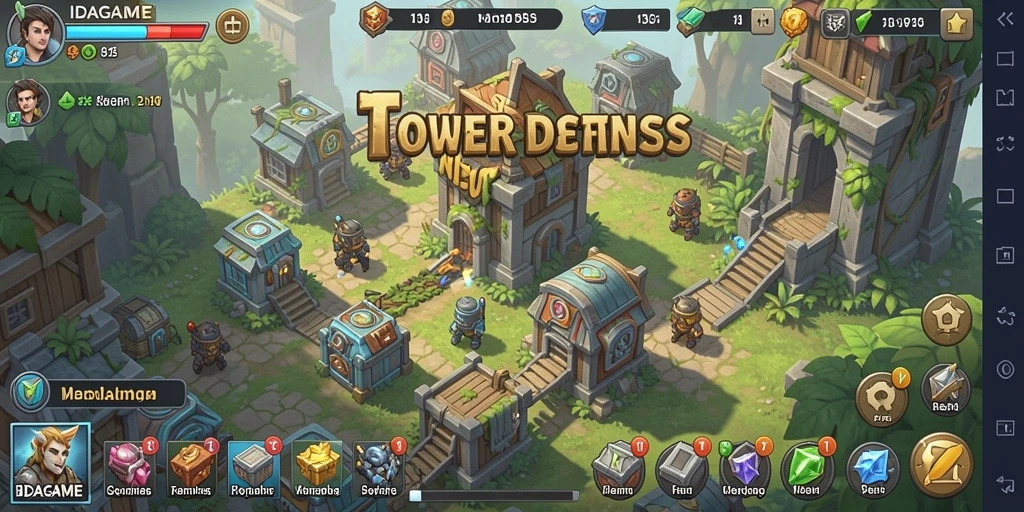 Tangkapan layar gameplay IDAGAME yang menampilkan pertahanan menara yang efektif.