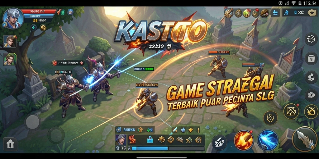 Tangkapan layar dari gameplay KASTOTO yang menunjukkan pertempuran dan strategi SLG.